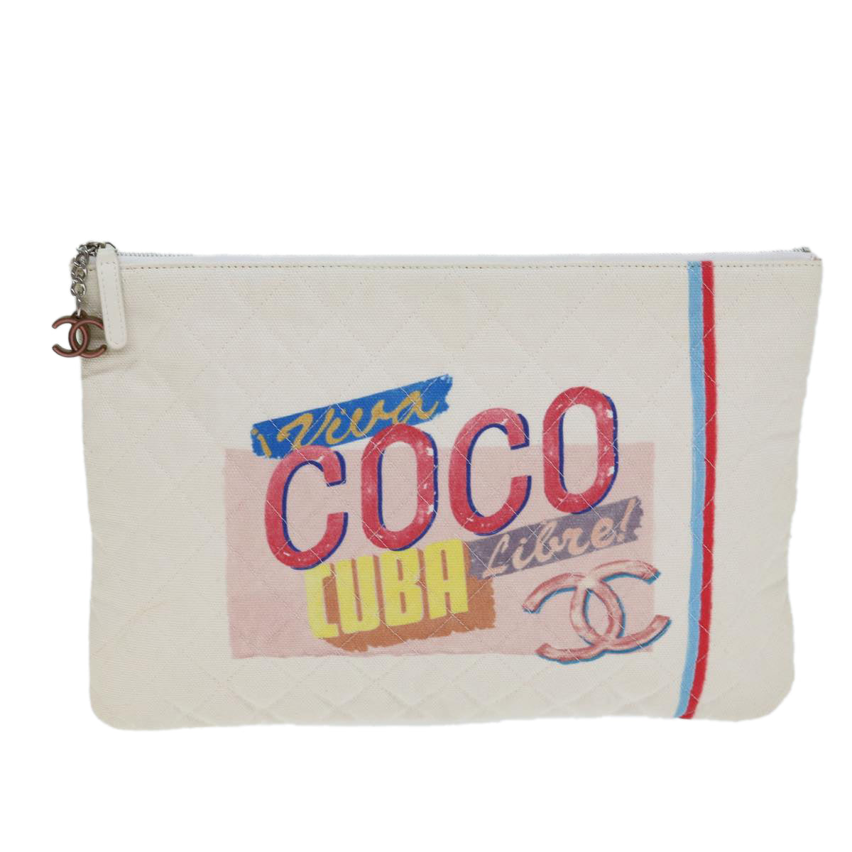 Top Quality Chanel Matelasse Clutch Bag Canvas Ivory CC Auth 82075