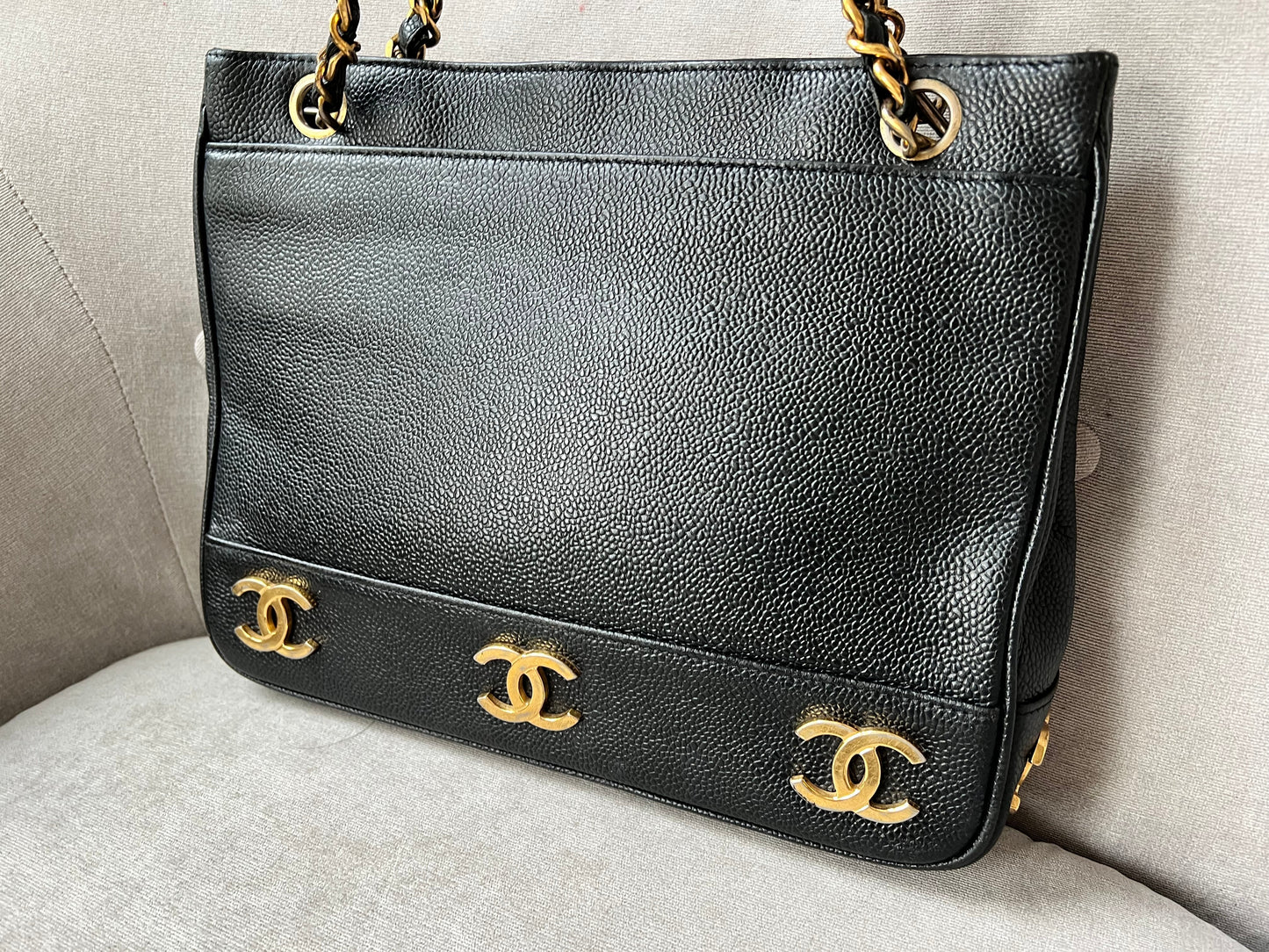 Chanel Vintage Black Caviar Chain Tote with 24k Gold Hardware