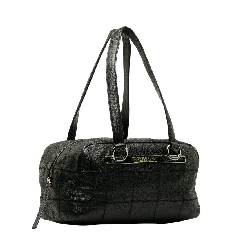 CHANEL Chocolate Bar Logo  Mini Boston Bag Handbag Black Canvas  CHANEL