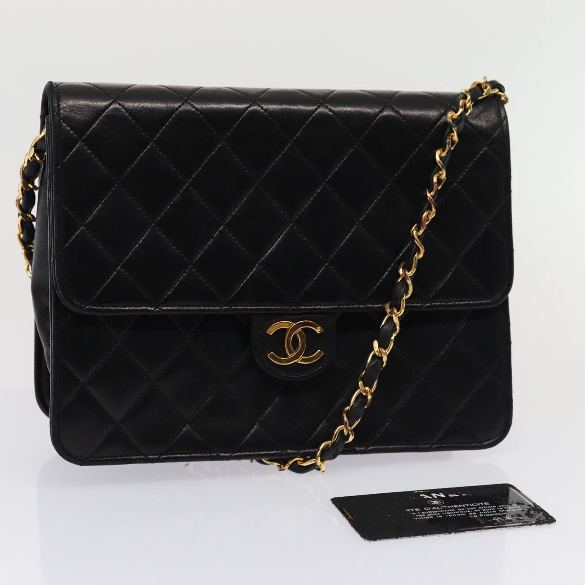 Top Quality Chanel Matelasse Chain Shoulder Bag Lamb Skin Black CC Auth 83342