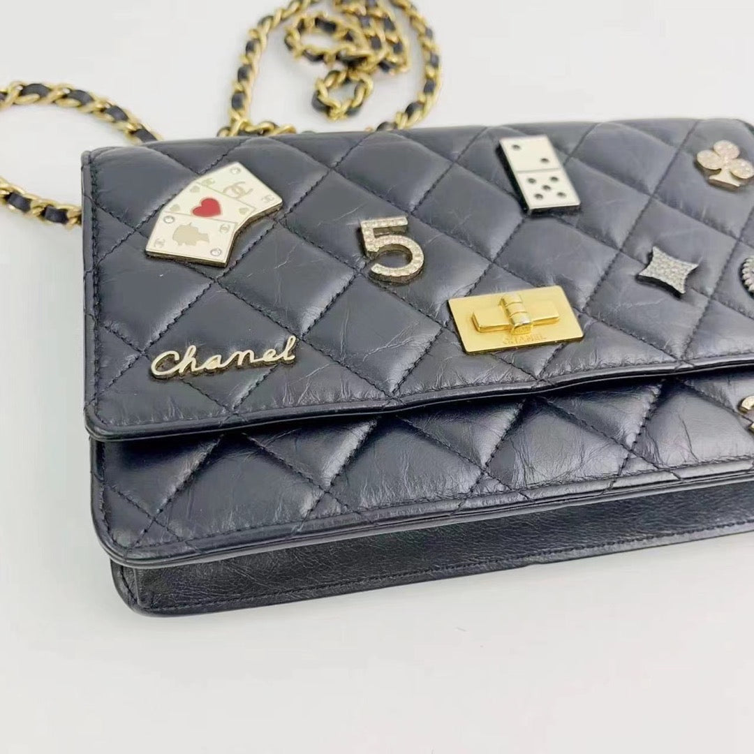 Rank A｜ CHANEL Limited Matelasse Leather 2.55 Chain Wallet Black Gold Hardware ｜230841