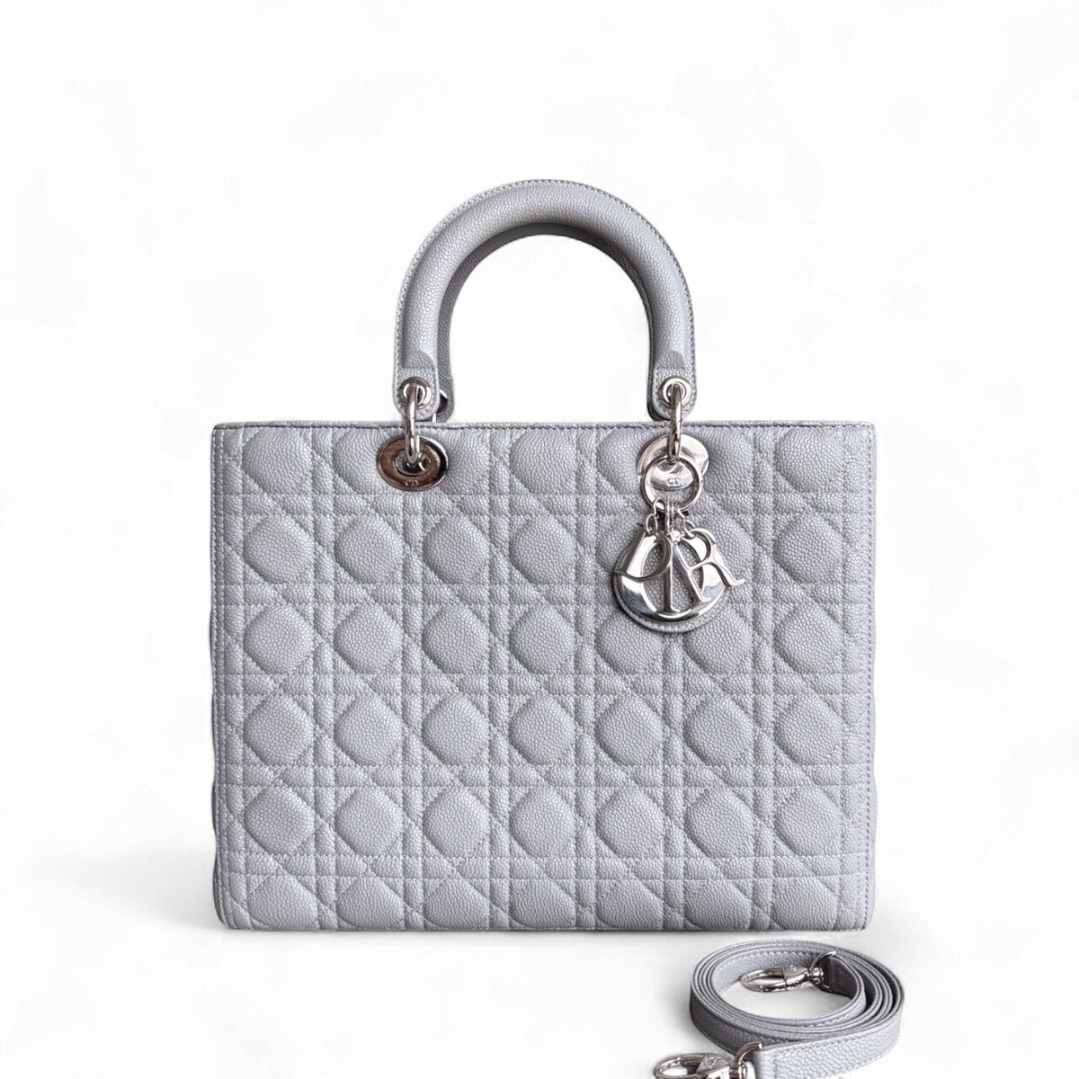 Dior Lady Large - Caviar Cannage Grained Calfskin Grey Gray Silver Hardware