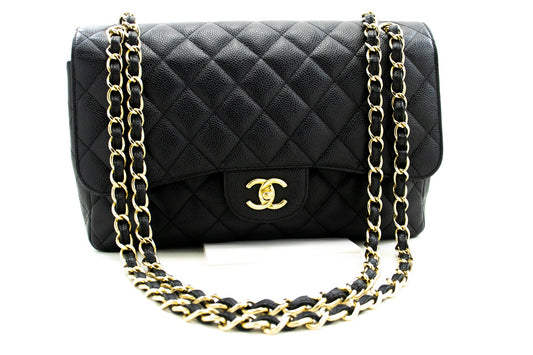 CHANEL Classic Large 11" Chain Shoulder Bag W Flap Black Caviar