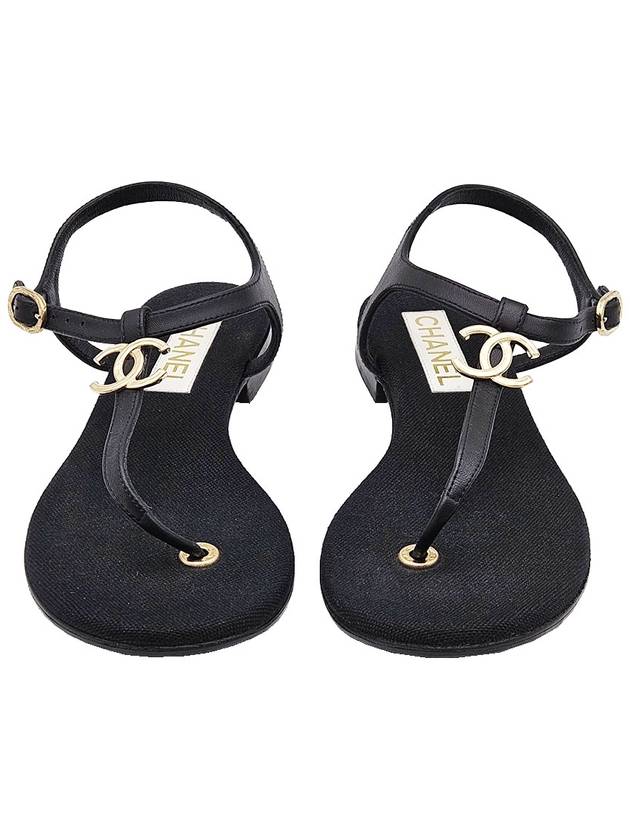 Chanel G39627 Black Lambskin CC Logo T Strap Sandals 37 5 Chanel