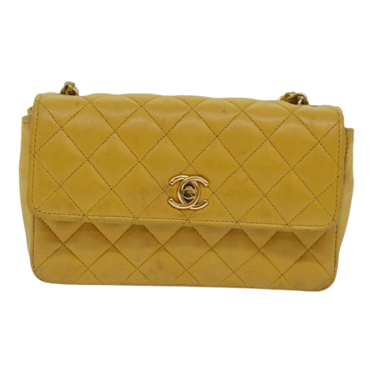 Top Quality Chanel Mini Matelasse Chain Shoulder Bag Lamb Skin Yellow Gold CC Auth 85920