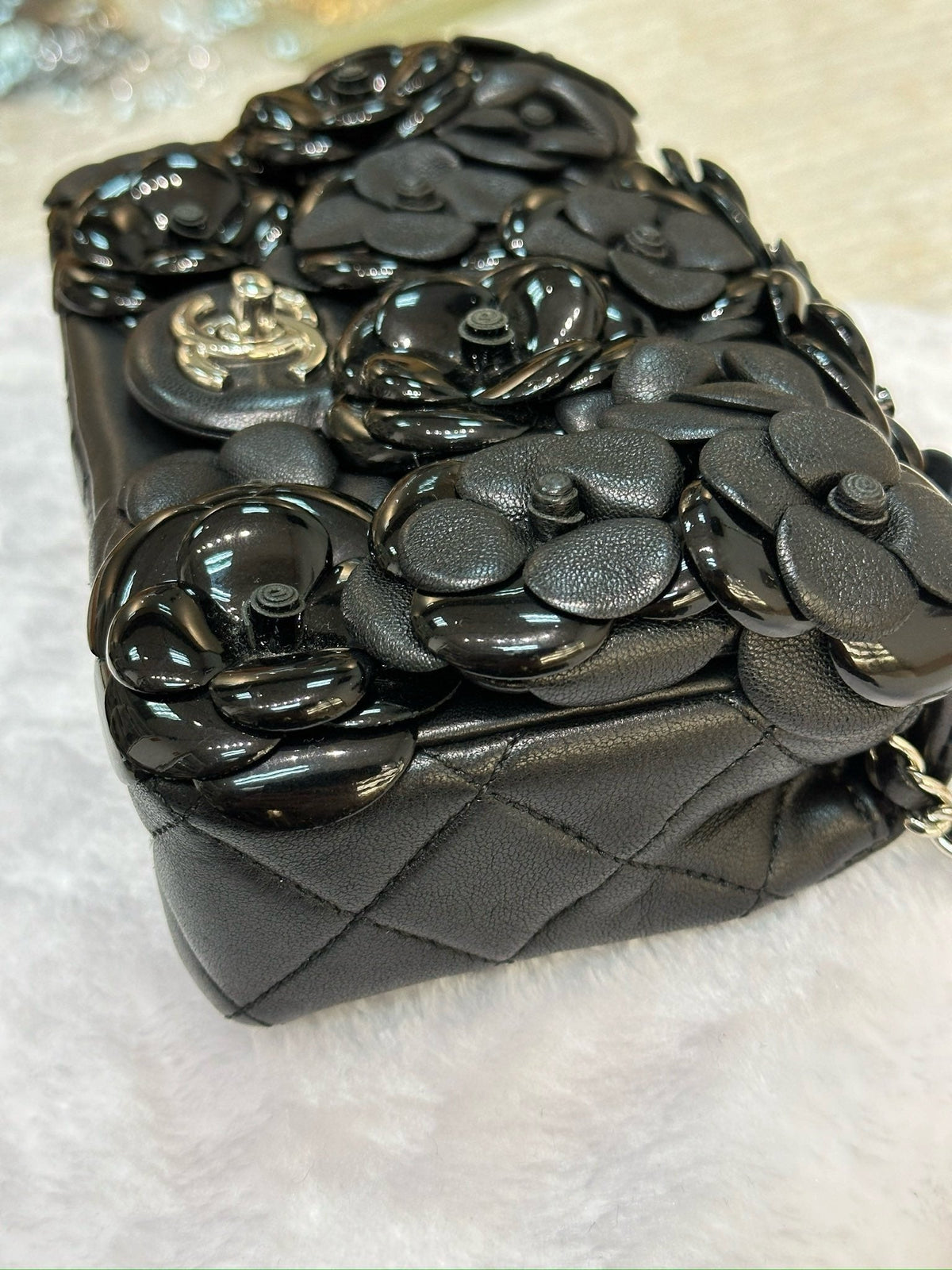 Chanel Mini Limited Edition Black Camellia  Lambskin Flap Bag