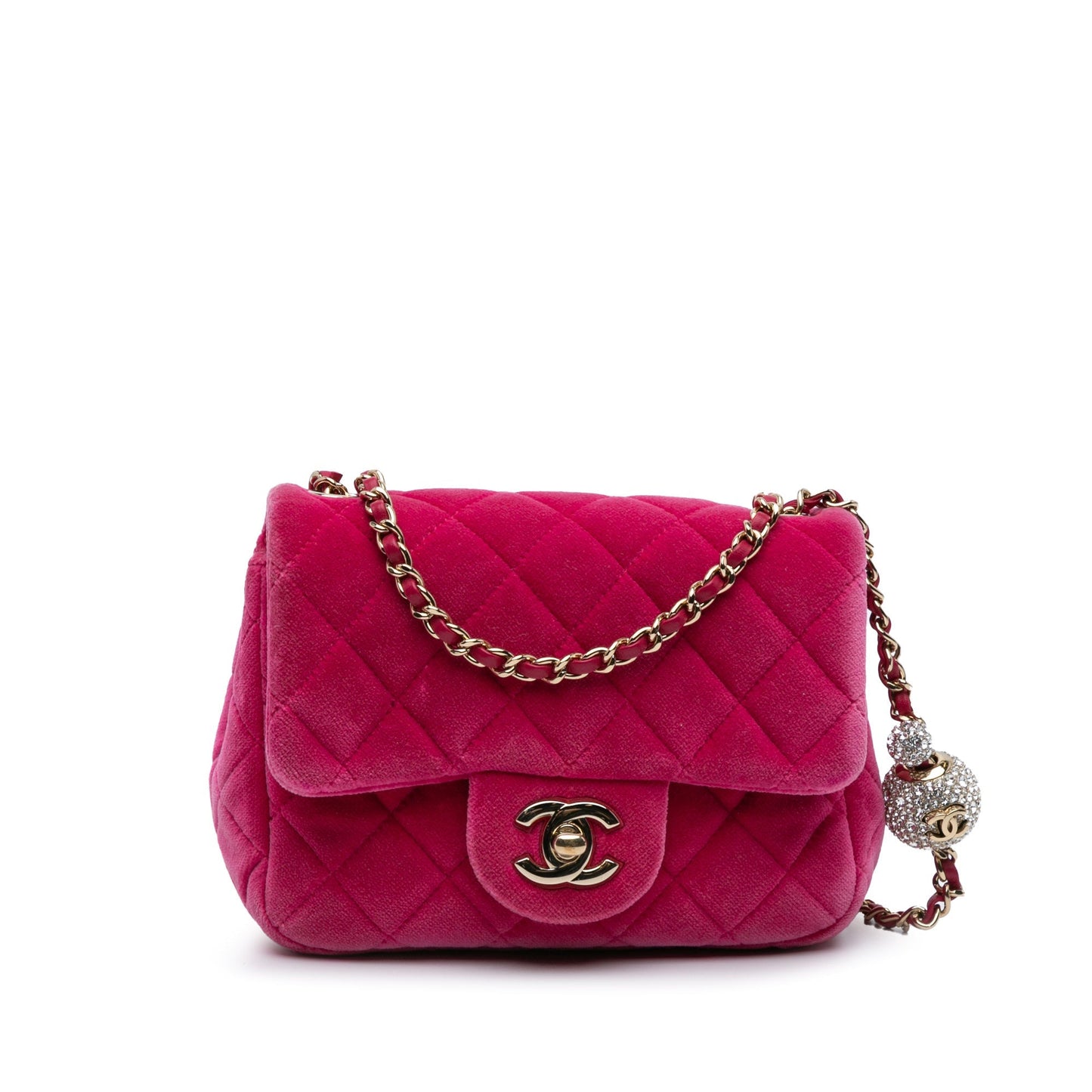 Pink Chanel Mini Square Classic Velvet Pearl Crush Single Flap Crossbody Bag