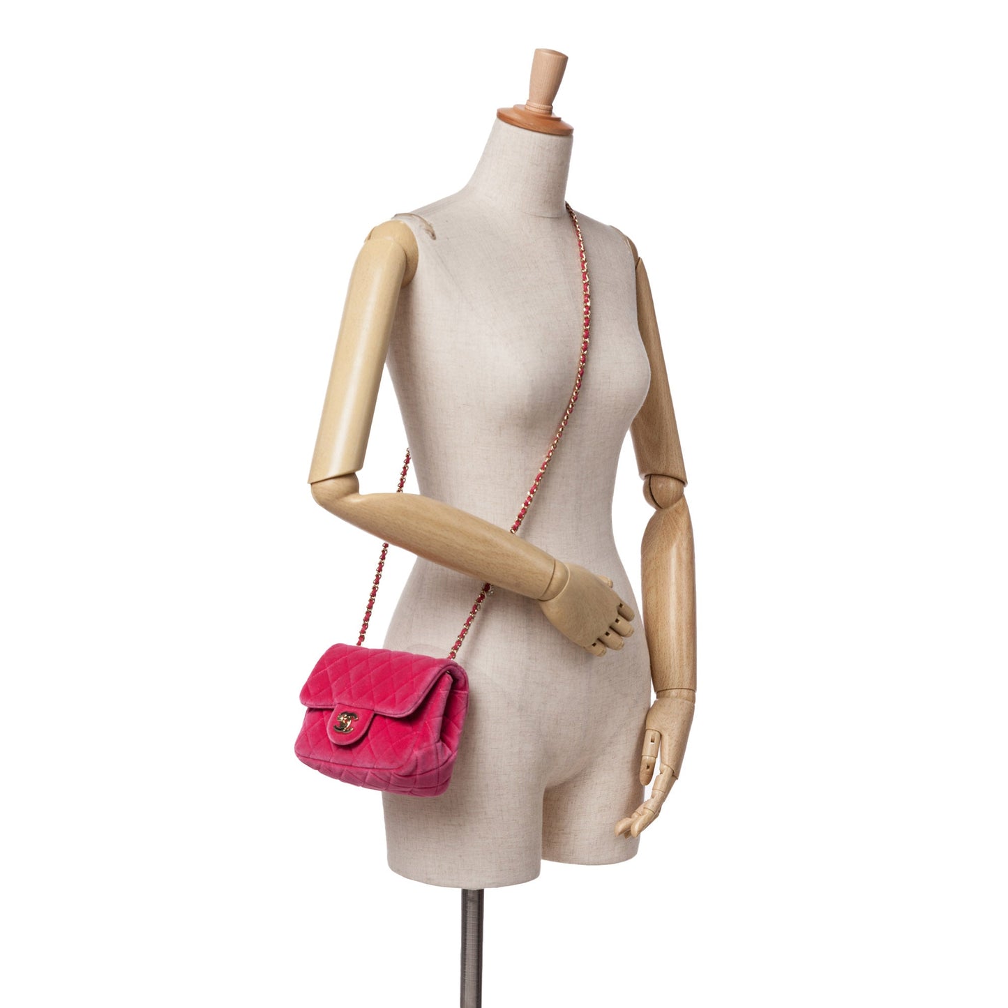 Pink Chanel Mini Square Classic Velvet Pearl Crush Single Flap Crossbody Bag