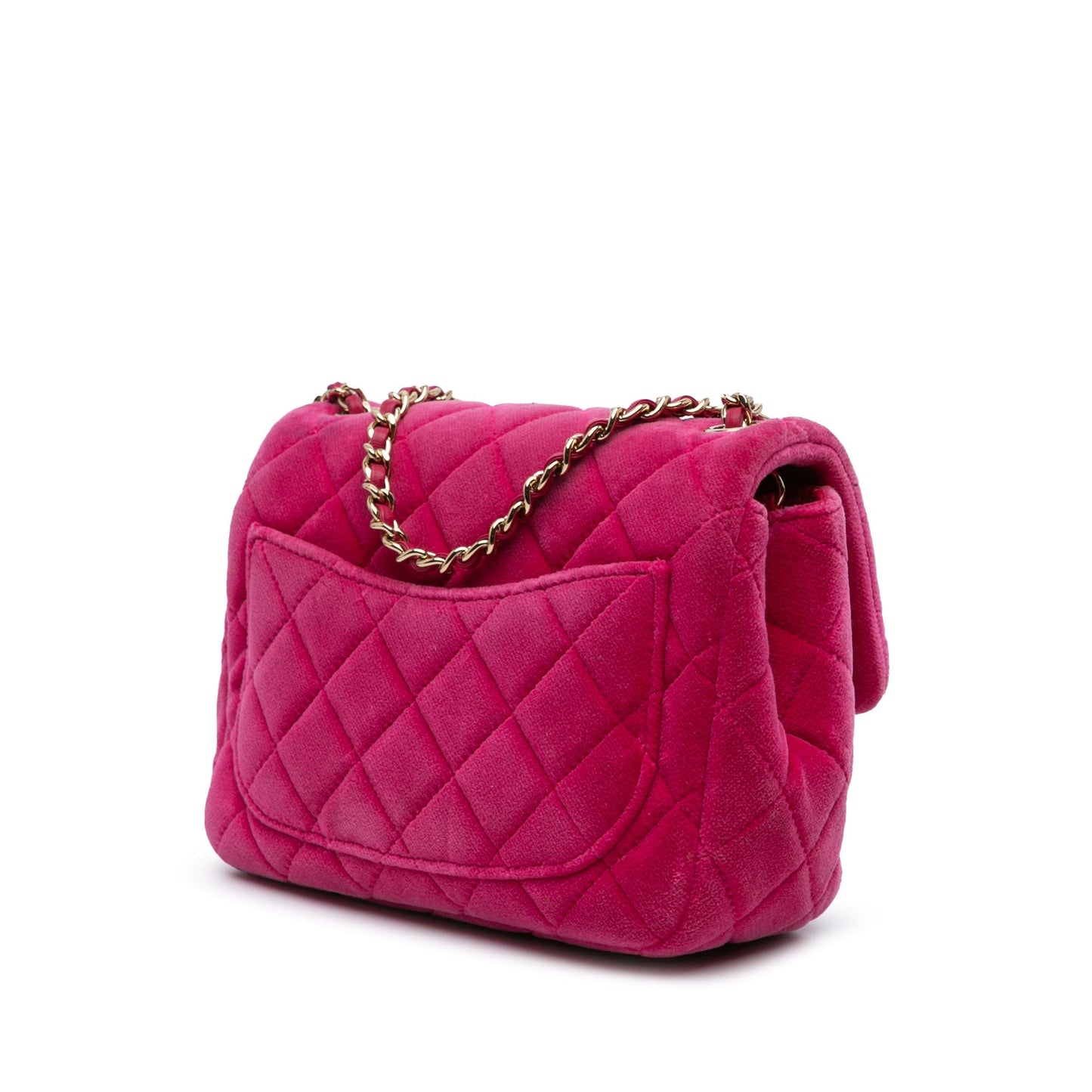 Pink Chanel Mini Square Classic Velvet Pearl Crush Single Flap Crossbody Bag