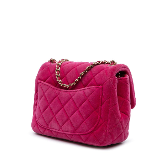 Pink Chanel Mini Square Classic Velvet Pearl Crush Single Flap Crossbody Bag
