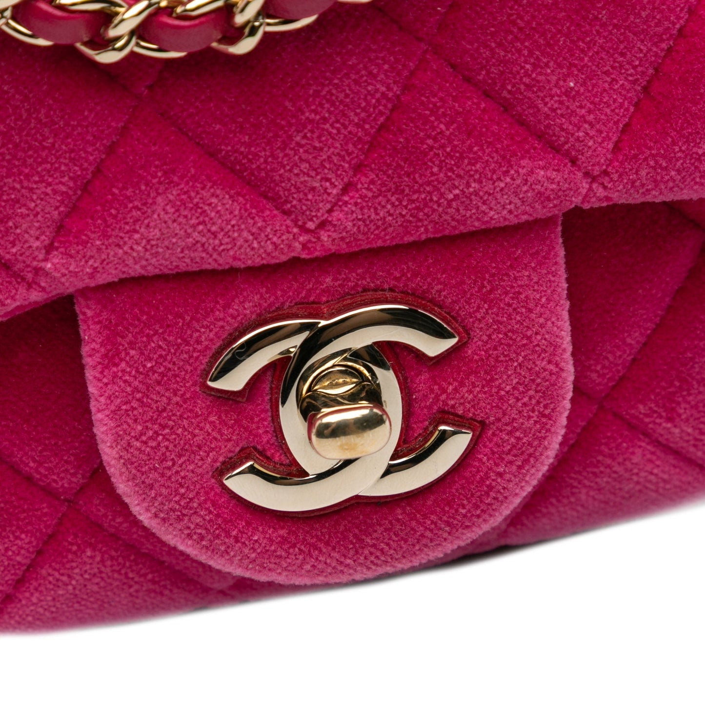 Pink Chanel Mini Square Classic Velvet Pearl Crush Single Flap Crossbody Bag