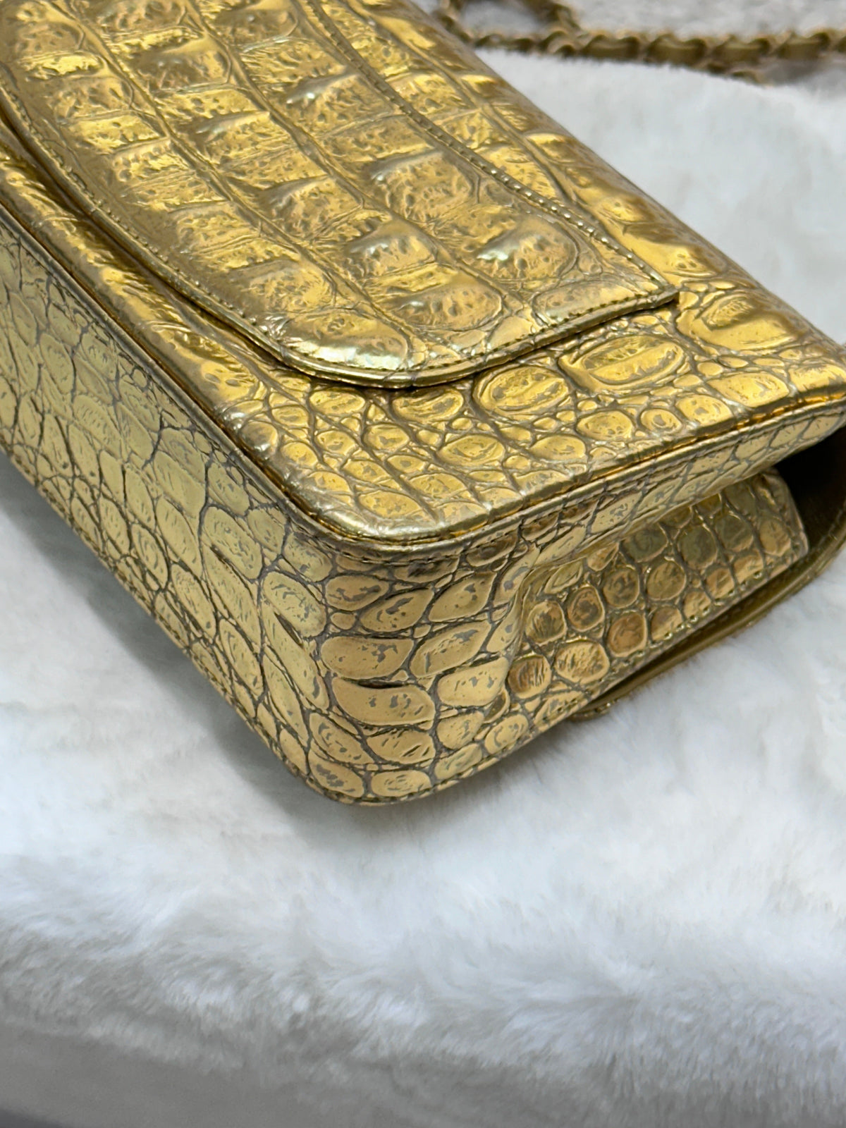 Chanel Mini Calfskin Crocodile Embossed Rectangular Gold Metallic Flap Bag