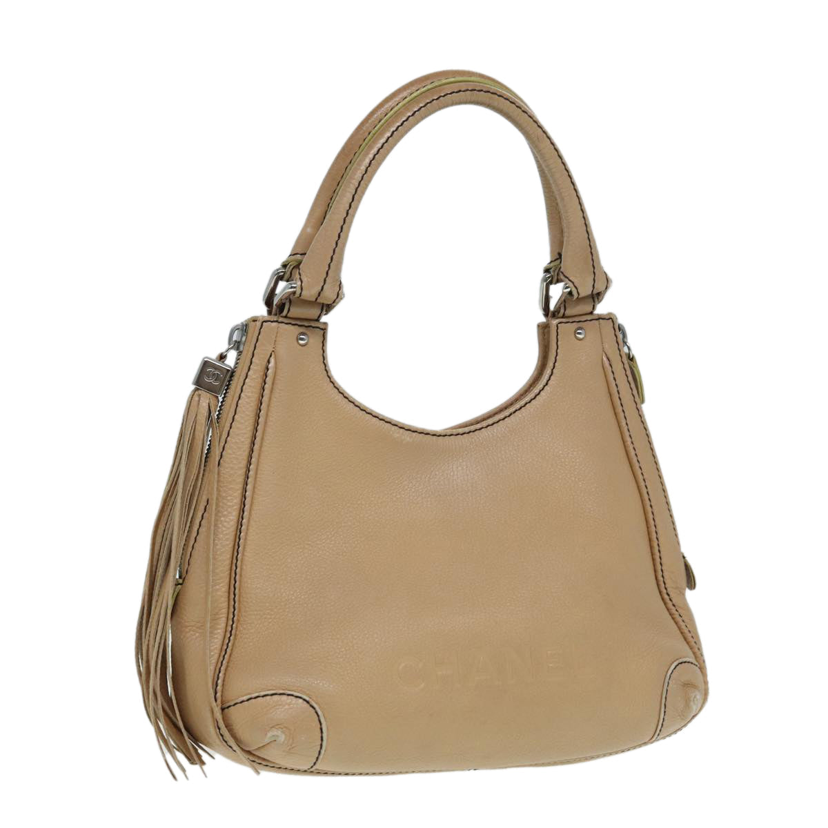 Top Quality Chanel Fringe Hand Bag Leather Beige CC Auth 87088