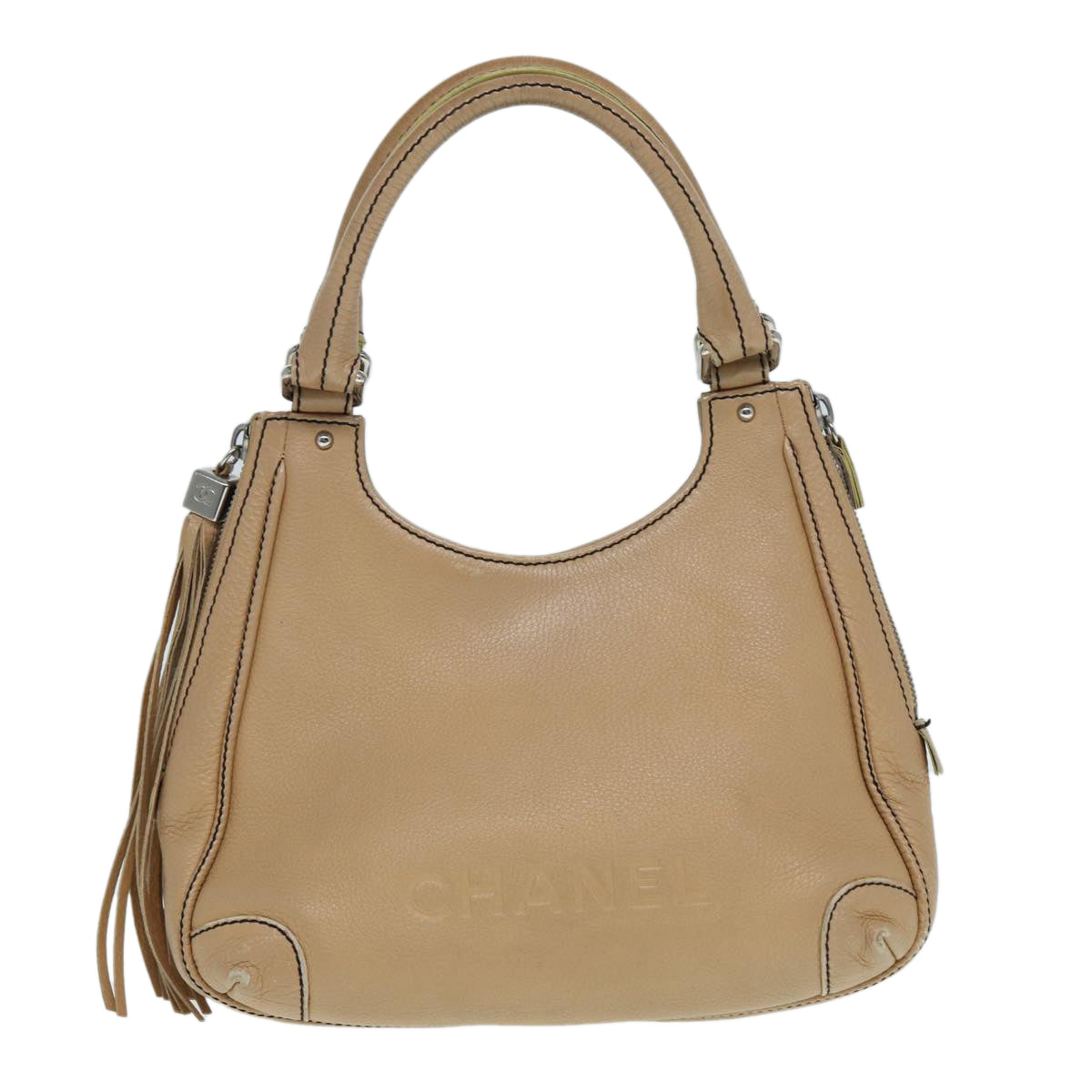 Top Quality Chanel Fringe Hand Bag Leather Beige CC Auth 87088