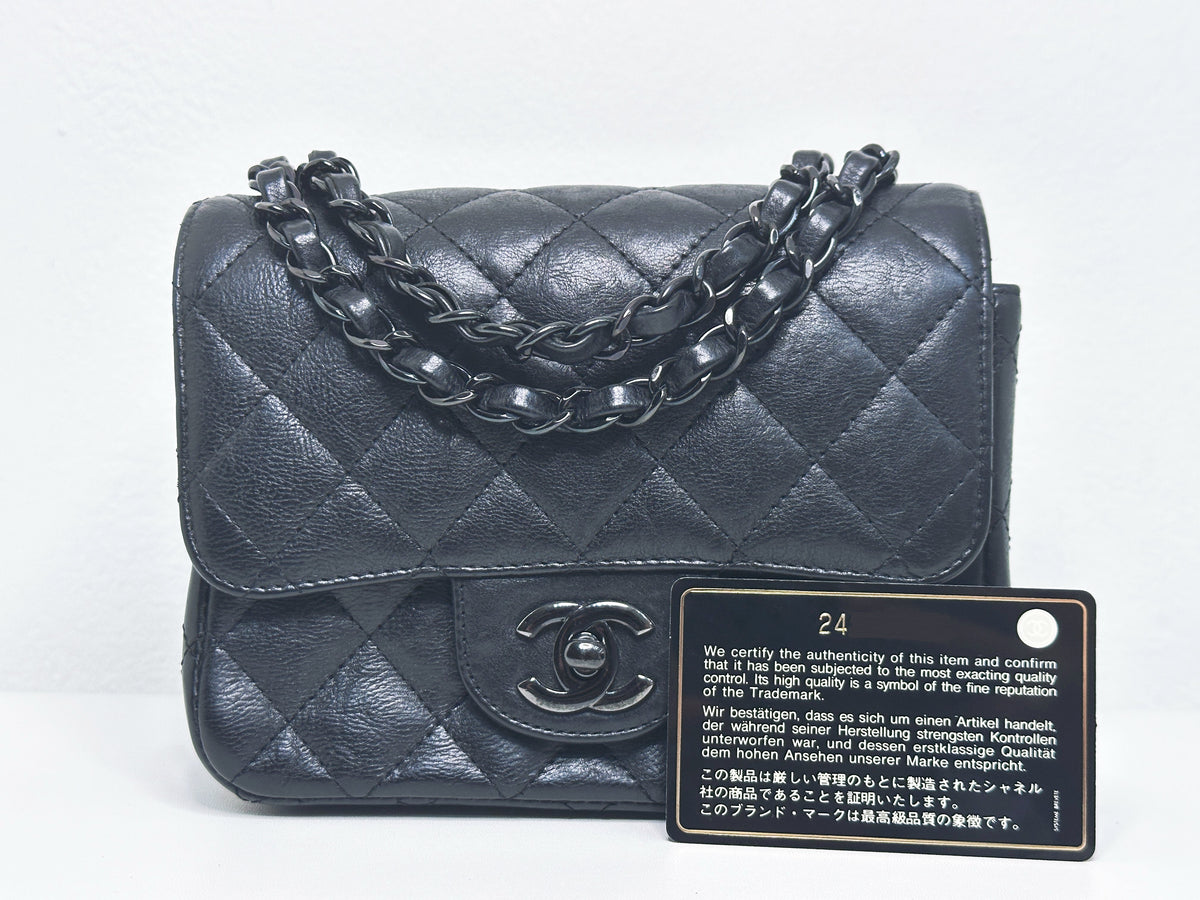 Chanel Quilted Mini Square Flap So Black Crumpled Calfskin 2417 holo card