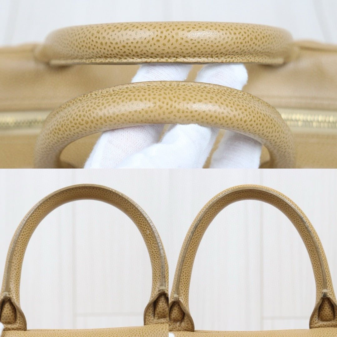 Good ( Rank AB)｜ CHANEL Caviar Skin Leather Calf Leather Bowling Hand Bag Beige Made In 2003～2004Year｜P25051601