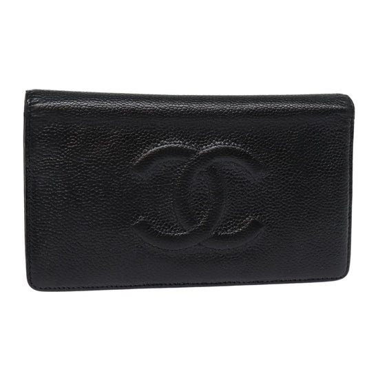 Top Quality Chanel COCO Mark Long Wallet Caviar Skin Black Silver CC Auth 88618