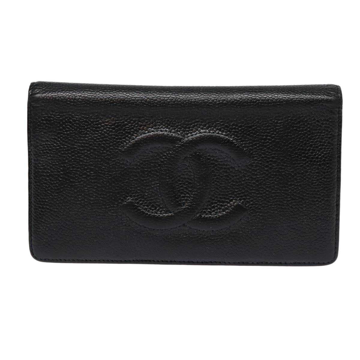 Top Quality Chanel COCO Mark Long Wallet Caviar Skin Black Silver CC Auth 88618