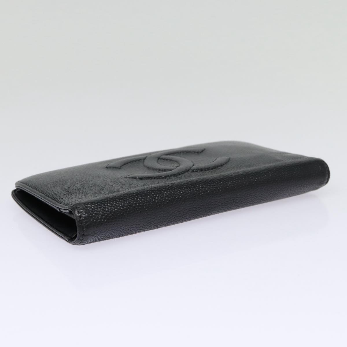 Top Quality Chanel COCO Mark Long Wallet Caviar Skin Black Silver CC Auth 88618