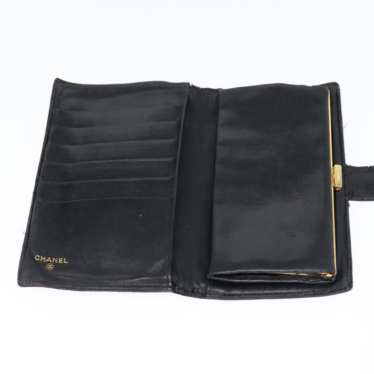 Top Quality Chanel COCO Mark Long Wallet Caviar Skin Black Gold CC Auth 88623