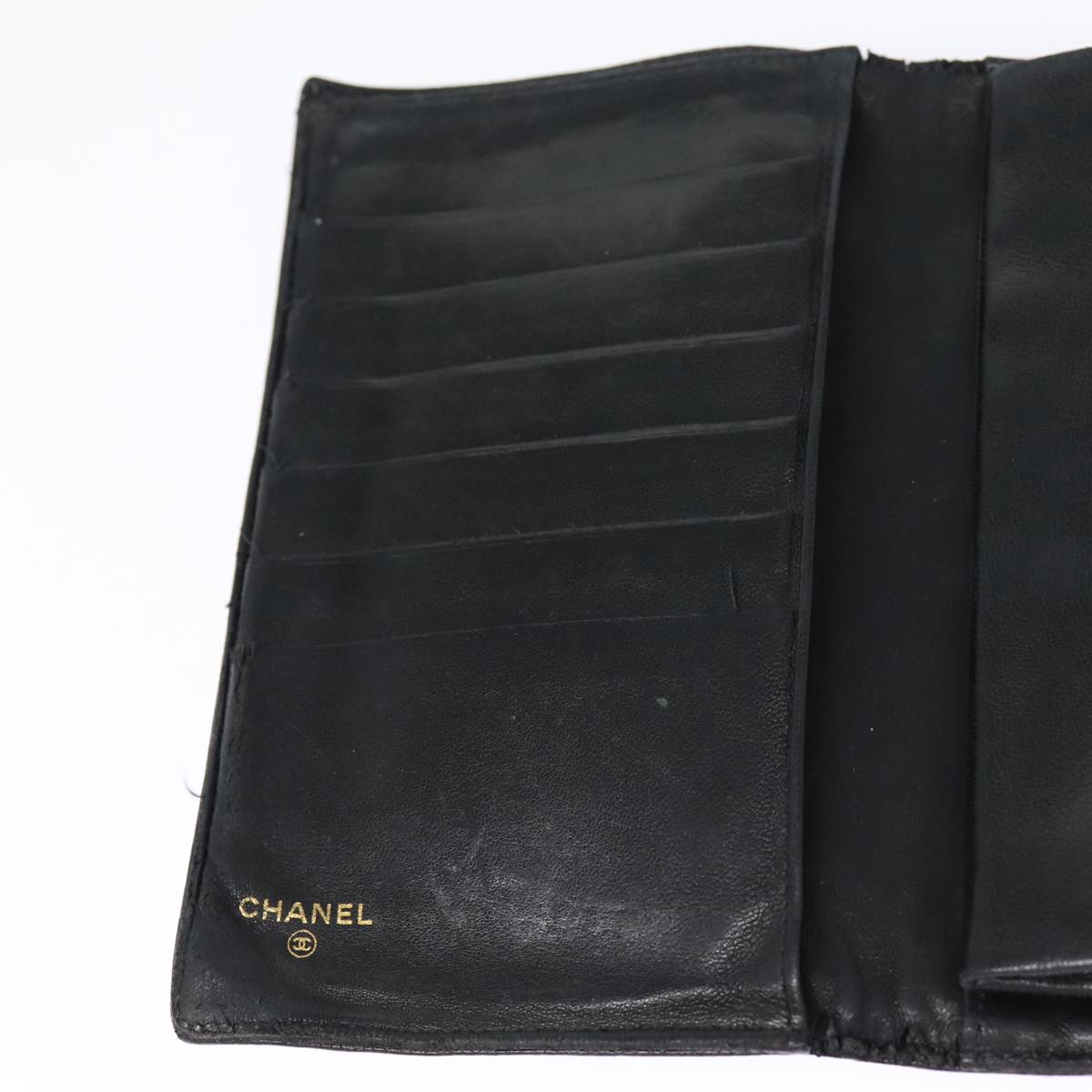 Top Quality Chanel COCO Mark Long Wallet Caviar Skin Black Gold CC Auth 88623