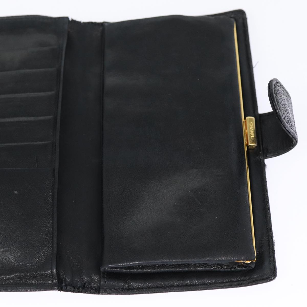 Top Quality Chanel COCO Mark Long Wallet Caviar Skin Black Gold CC Auth 88623