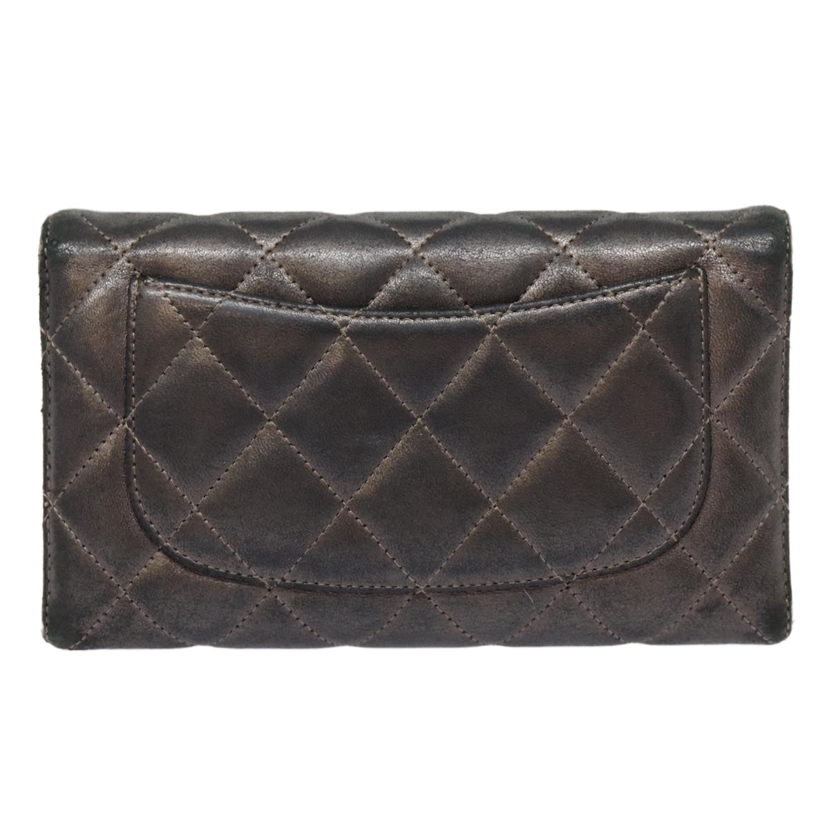 Top Quality Chanel Matelasse Wallet Leather Silver Gunmetal CC Auth 88726