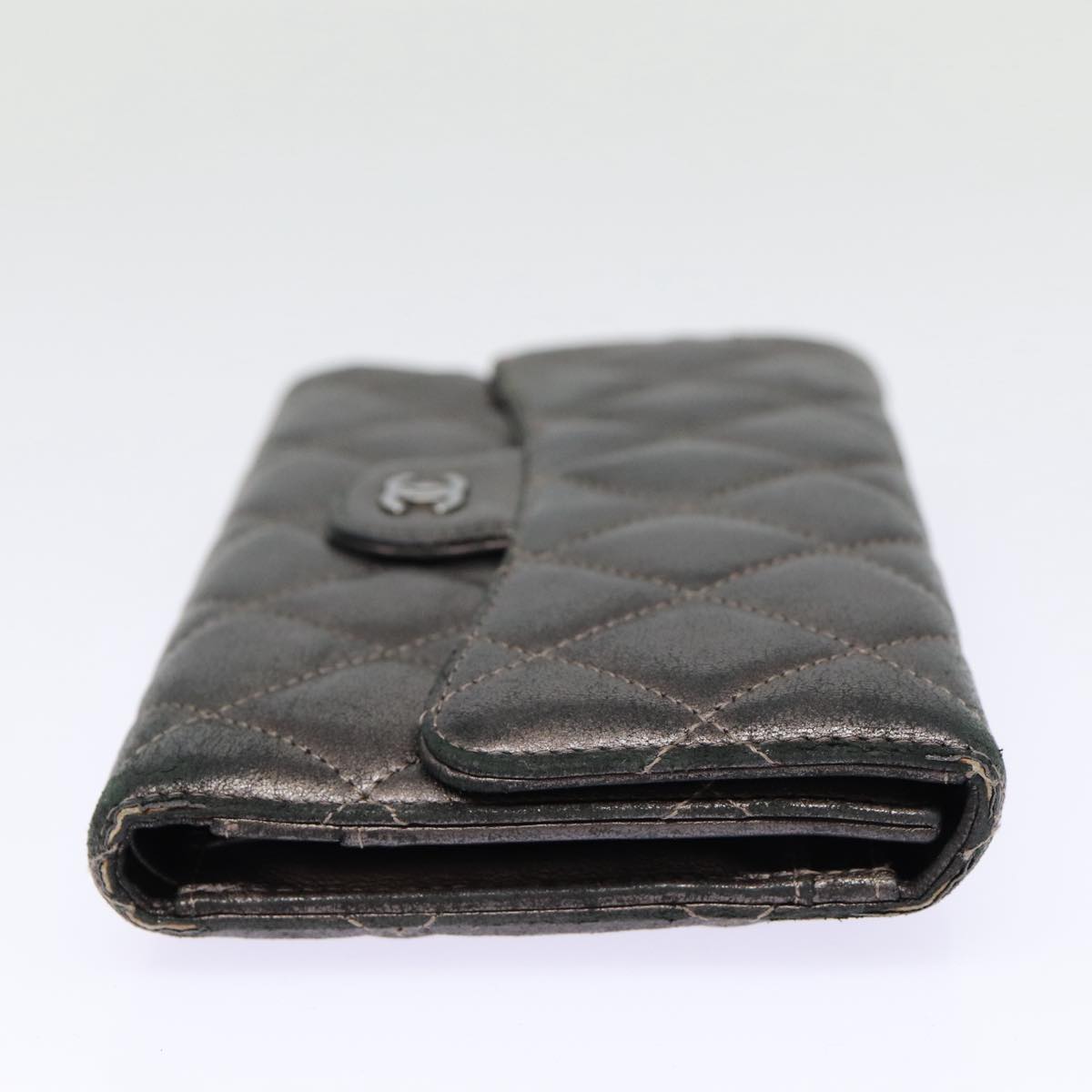 Top Quality Chanel Matelasse Wallet Leather Silver Gunmetal CC Auth 88726