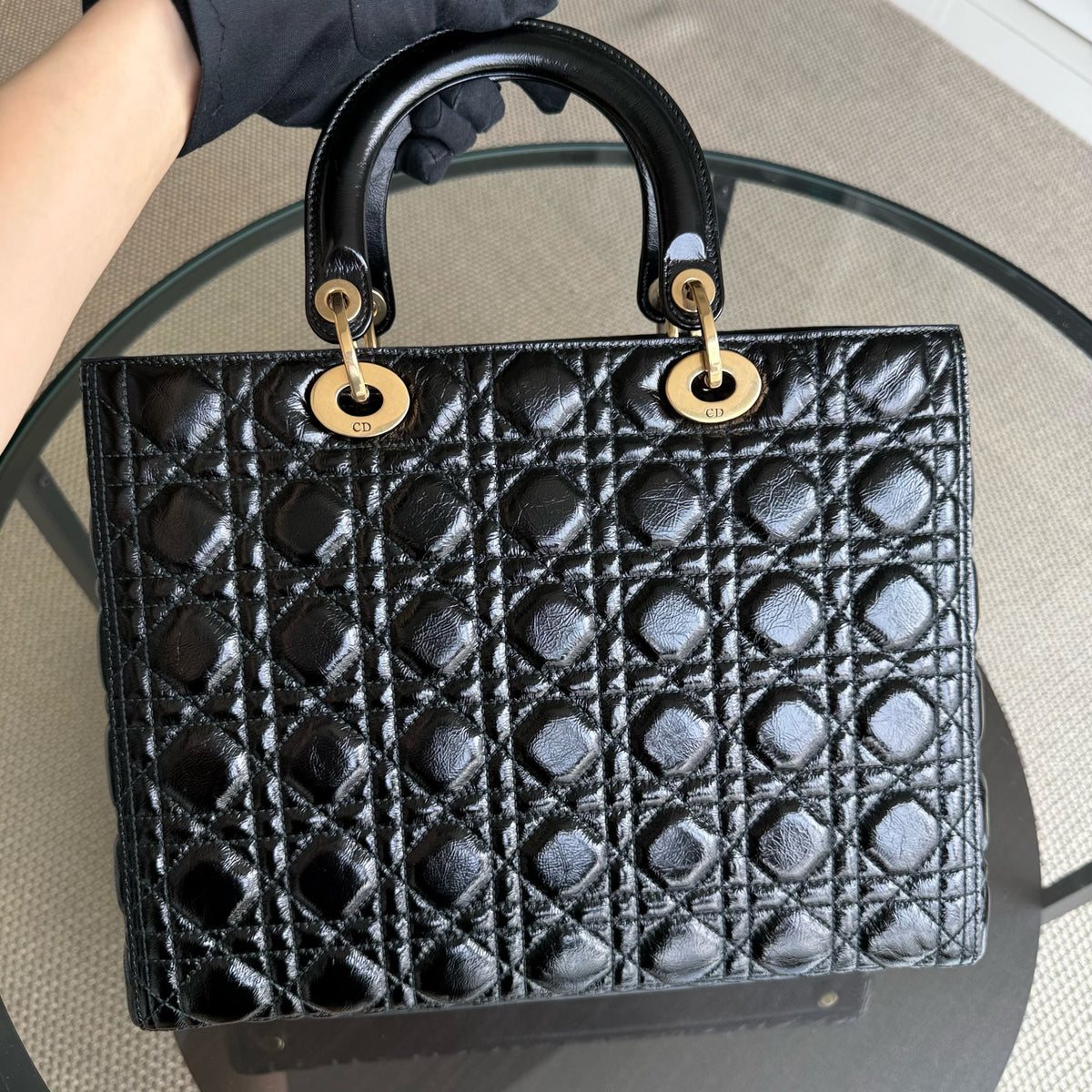 Dior Lady Large Flap - Canange Glazed Calfskin Black Gold Hardware