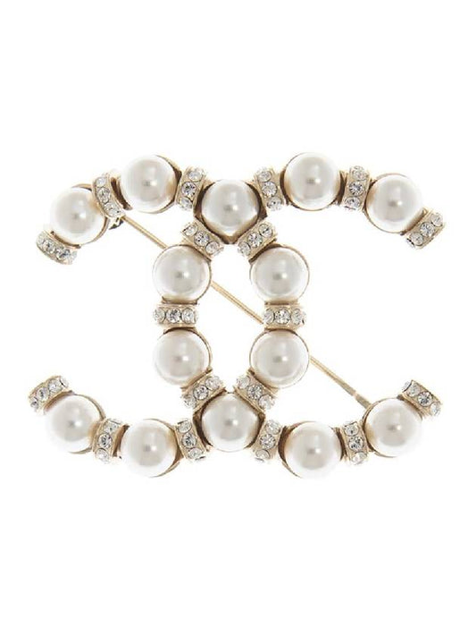 CC Logo Pearl Crystal Brooch Gold Chanel