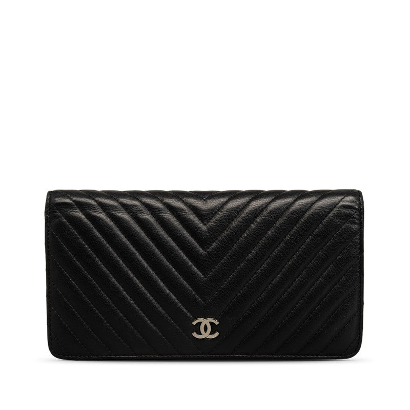 CHANEL Chevron Long Wallet Lambskin Black Silver