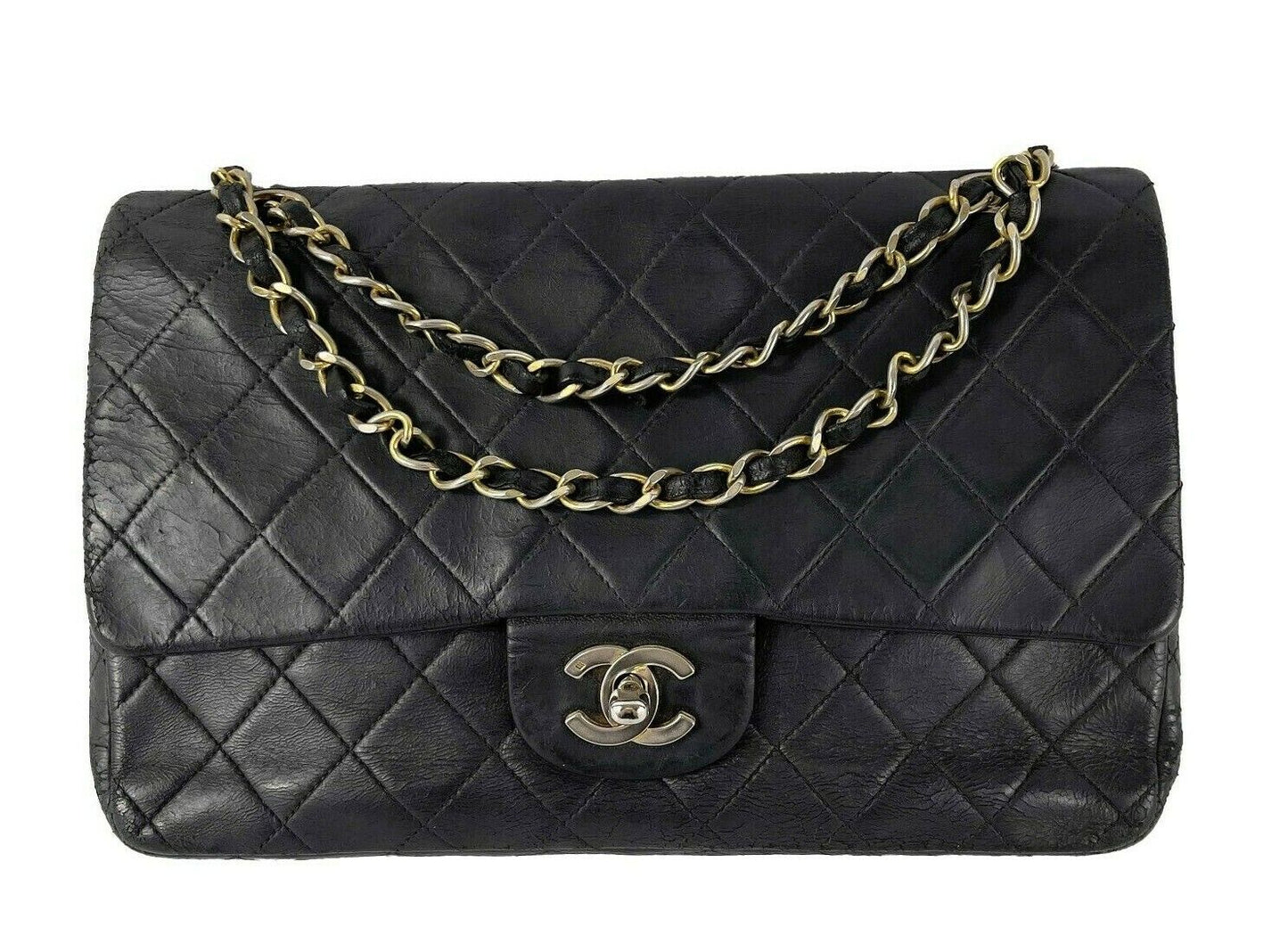 CHANEL- Vintage Medium Classic Double Flap - Black Shoulder Bag / Crossbody