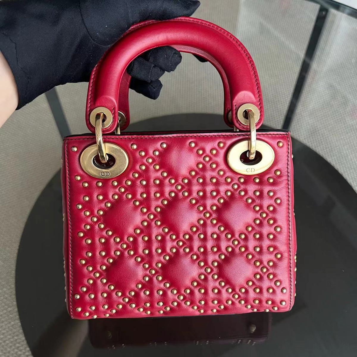 Dior Lady Mini - Valentine Studded Red Golden Hardware