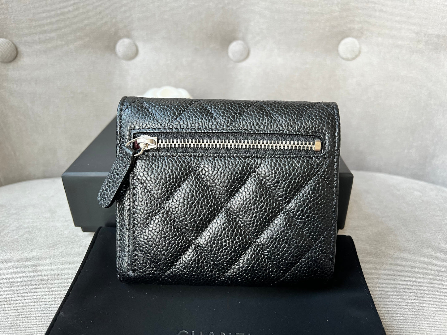 Chanel Black Caviar Classic Small Flap Wallet with Silver Hardware