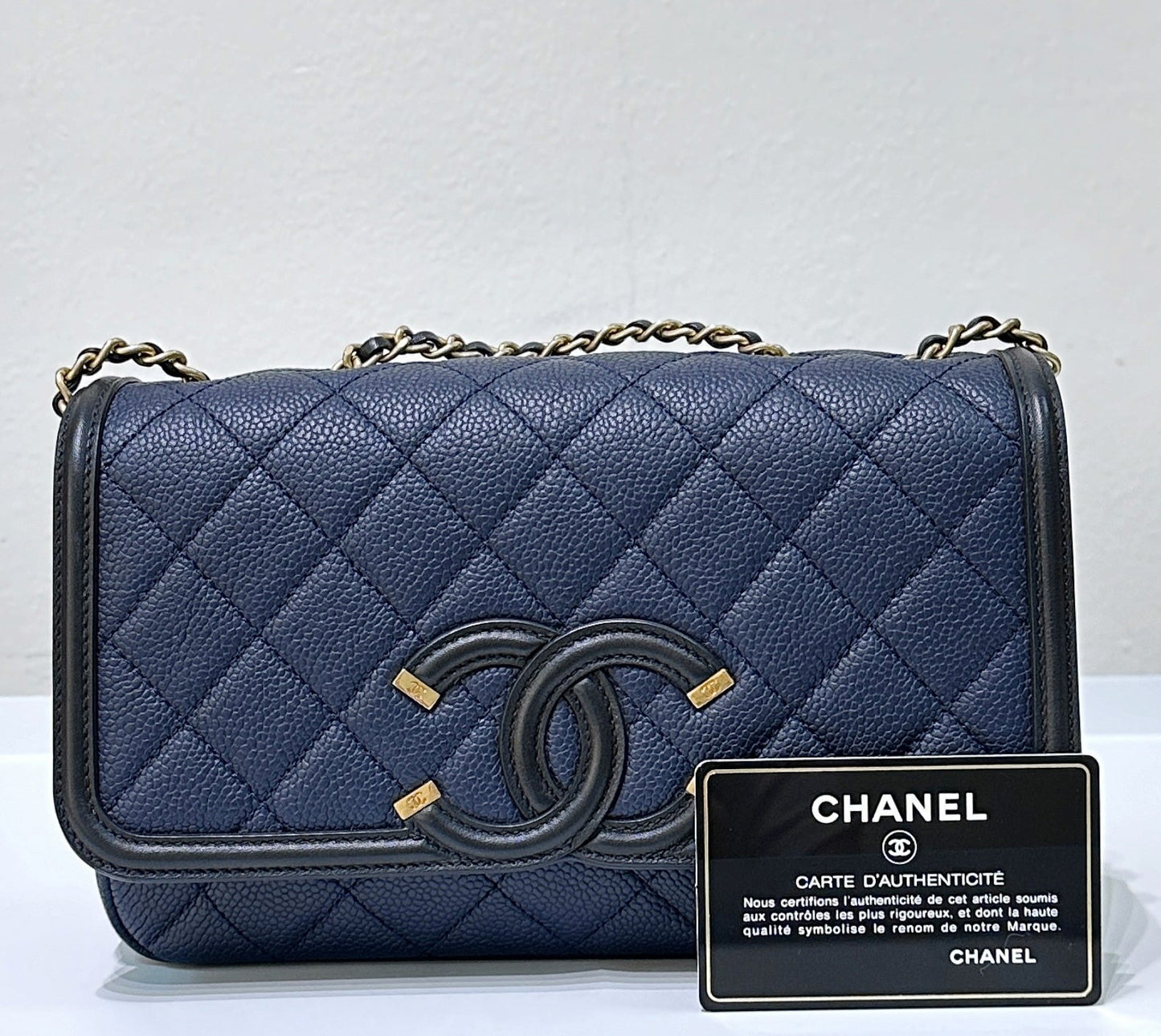 Chanel Caviar Quilted Small CC Filigree Flap Navy Black
