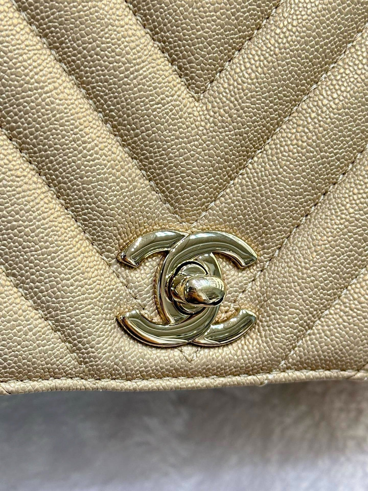 Chanel Mini Statement Metallic Caviar Chevron Quilted Flap Beige LGHW