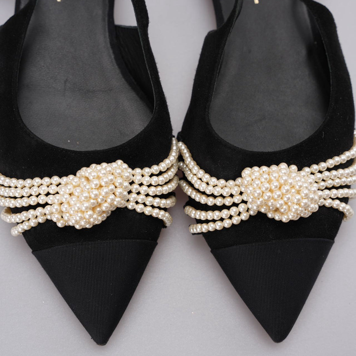 Chanel Slingback Satin Pearl Flats Black Size 37.5