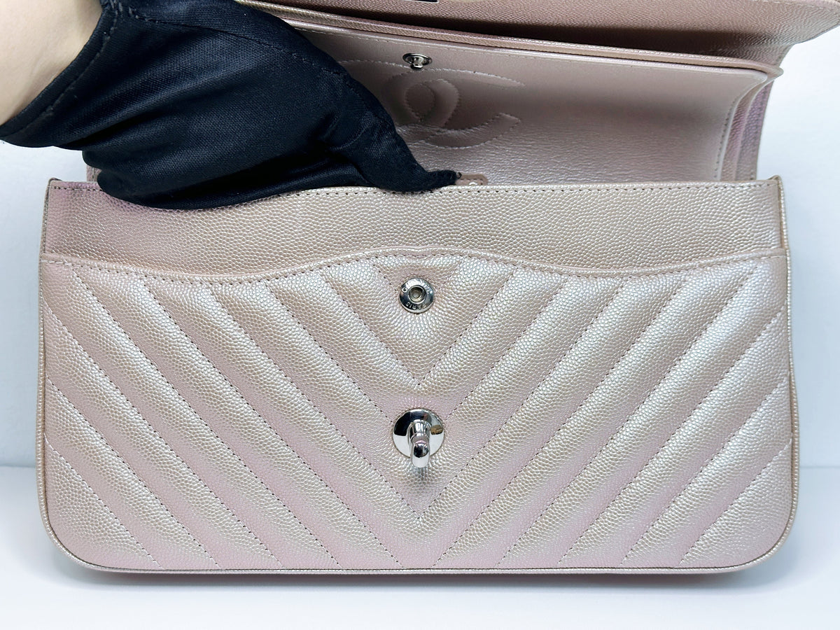 Chanel Medium Classic Chevron Caviar Double Flap Rose Gold SHW 24769 holo card