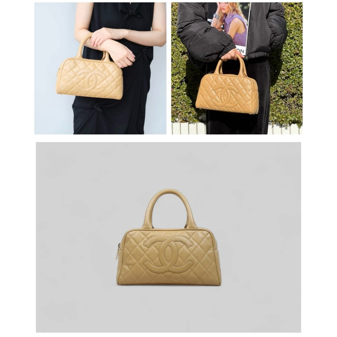 Good ( Rank AB)｜ CHANEL Caviar Skin Leather Calf Leather Bowling Hand Bag Beige Made In 2003～2004Year｜P25051601