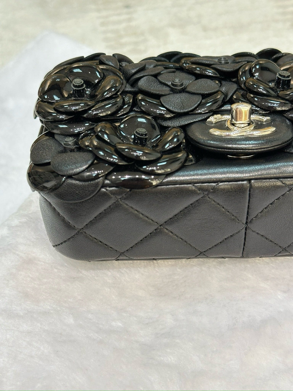 Chanel Mini Limited Edition Black Camellia  Lambskin Flap Bag