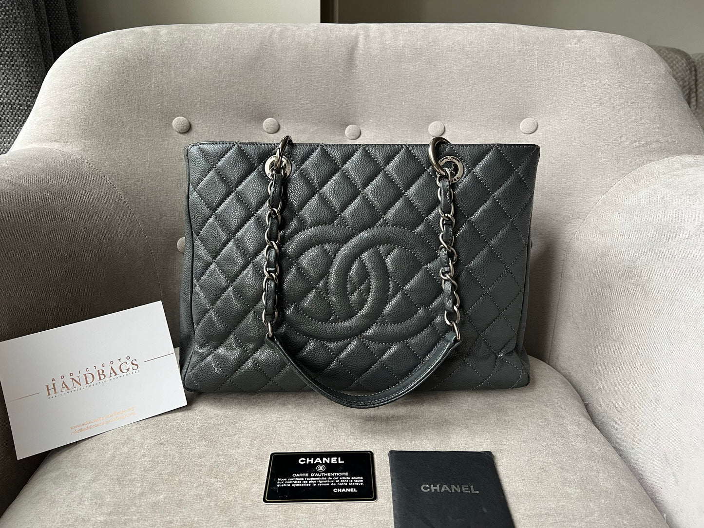 Chanel Grey Caviar Grand Shopper Tote  Silver Hardware