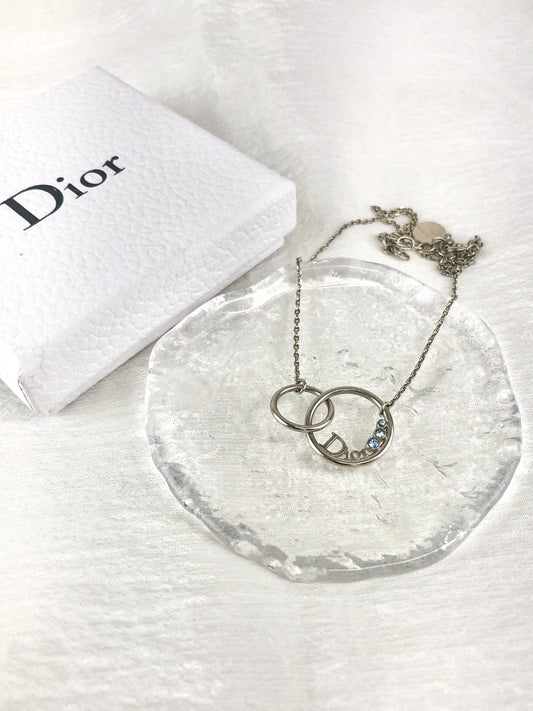 Christian Dior Logo Circle Stone Necklace Silver Vintage bzvri3