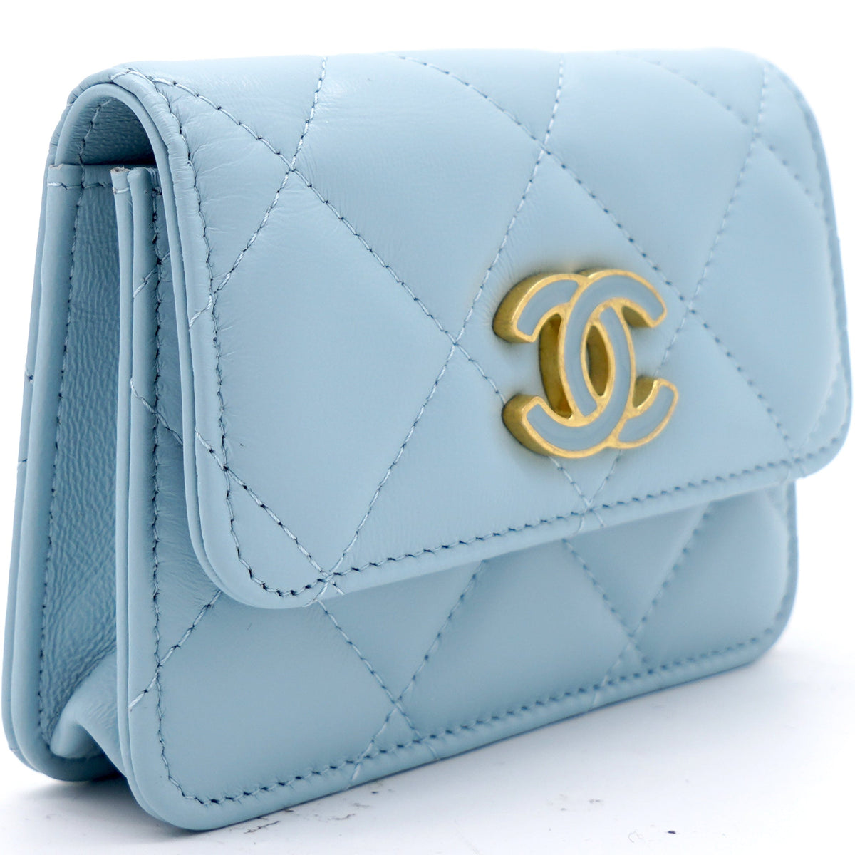 Chanel Lambskin Enamel Quilted Flap Belt Bag Blue