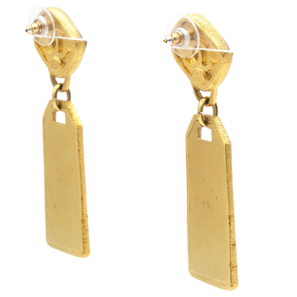 Chanel Pink Stone Badget CC Tags Drop Earrings Gold