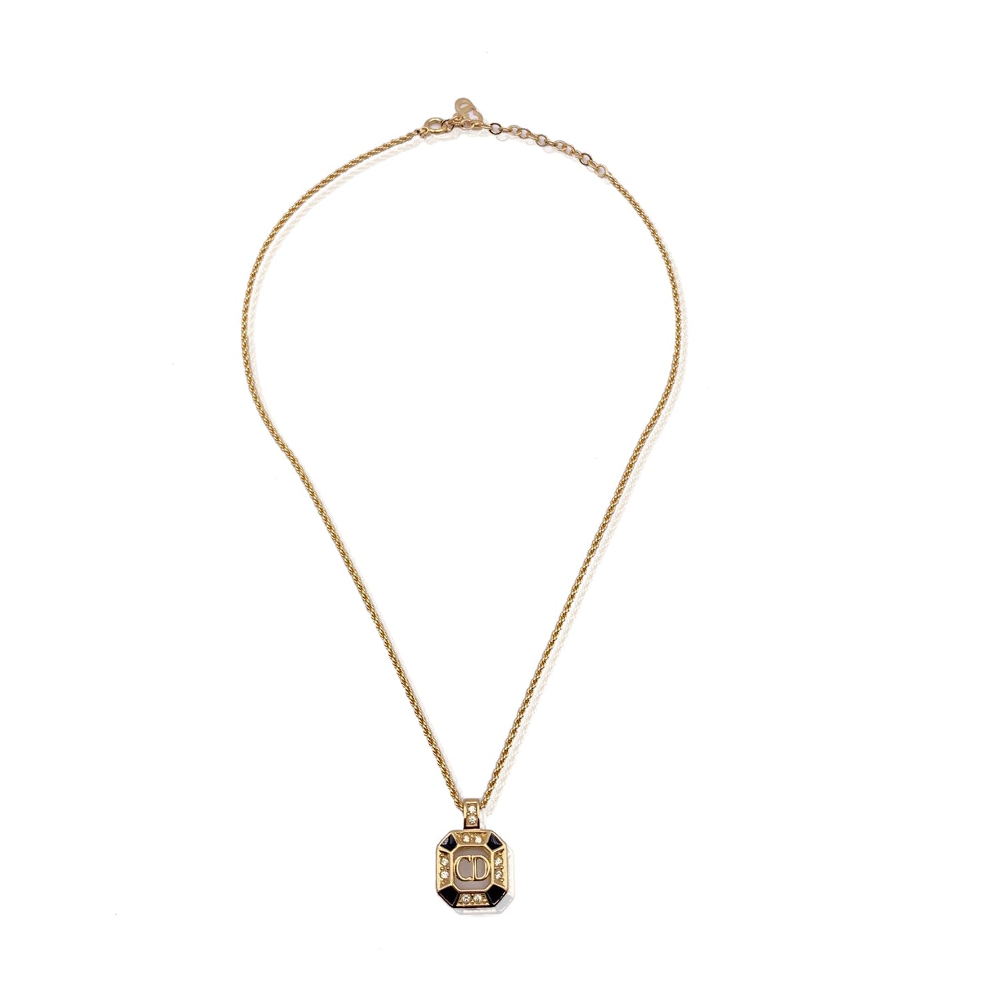 CHRISTIAN DIOR Vintage Gold Metal Cd Square Pendant Chain Necklace