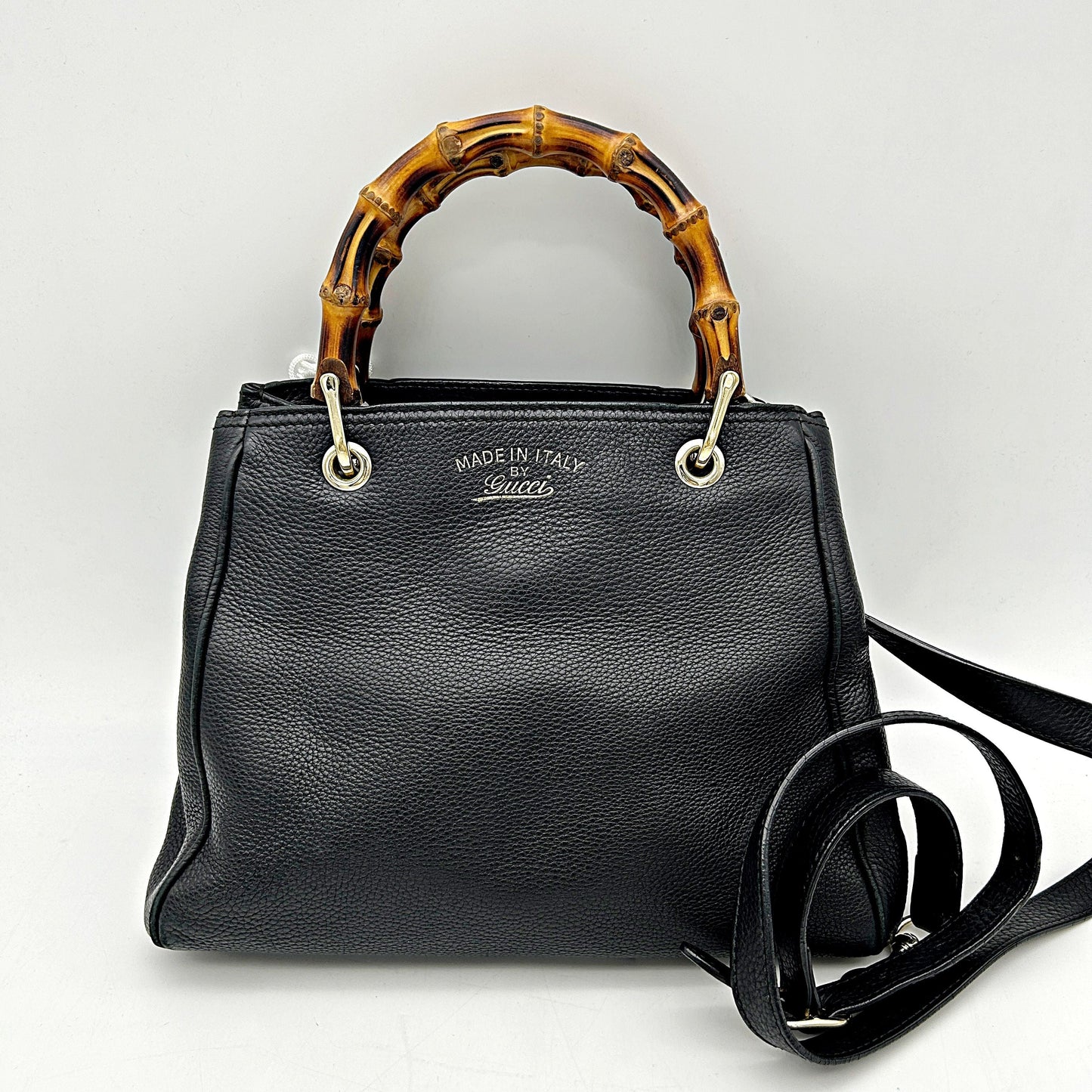 Gucci Black Pebbled Leather Bamboo Top Handle Small Shopper Tote Bag LA