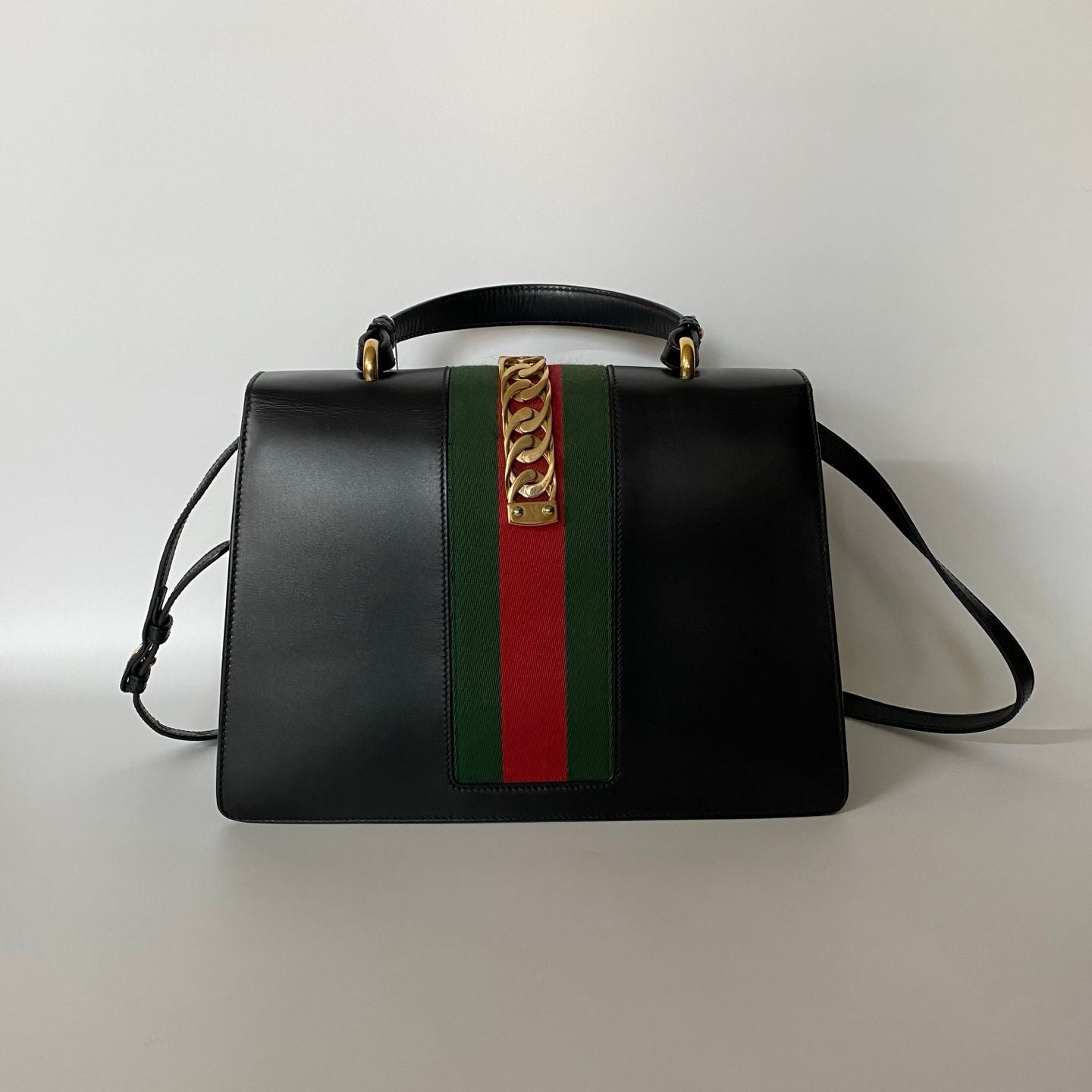 GUCCI Calfskin Medium Sylvie Top Handle Bag Black - NG