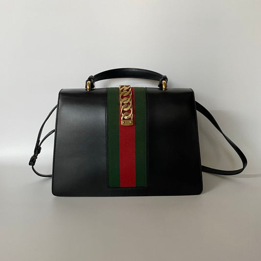 GUCCI Calfskin Medium Sylvie Top Handle Bag Black - NG