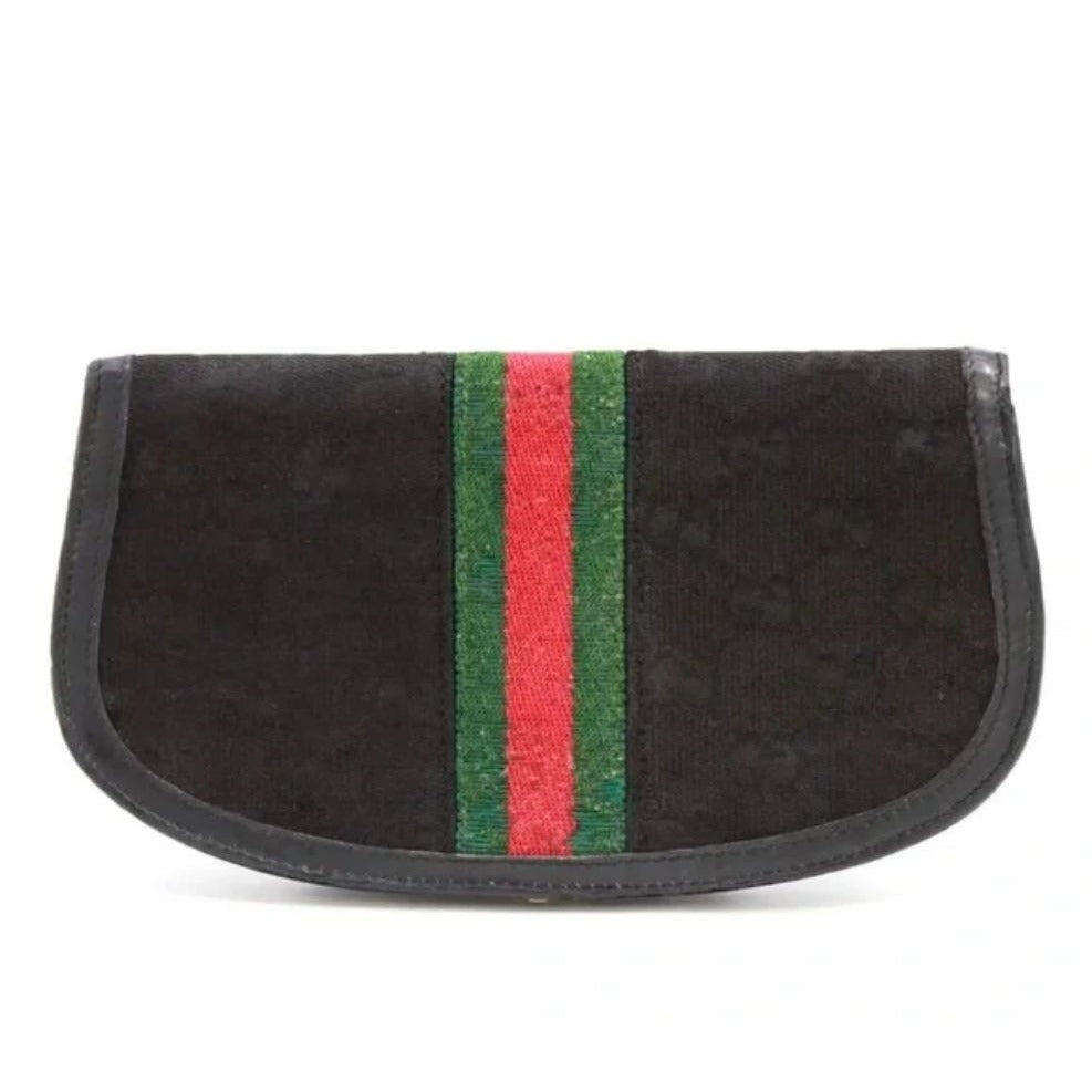 Rare, early Gucci, black Gucissima print canvas and black leather, semi-circular shape, wallet with an inlaid red and green Sherry stripe