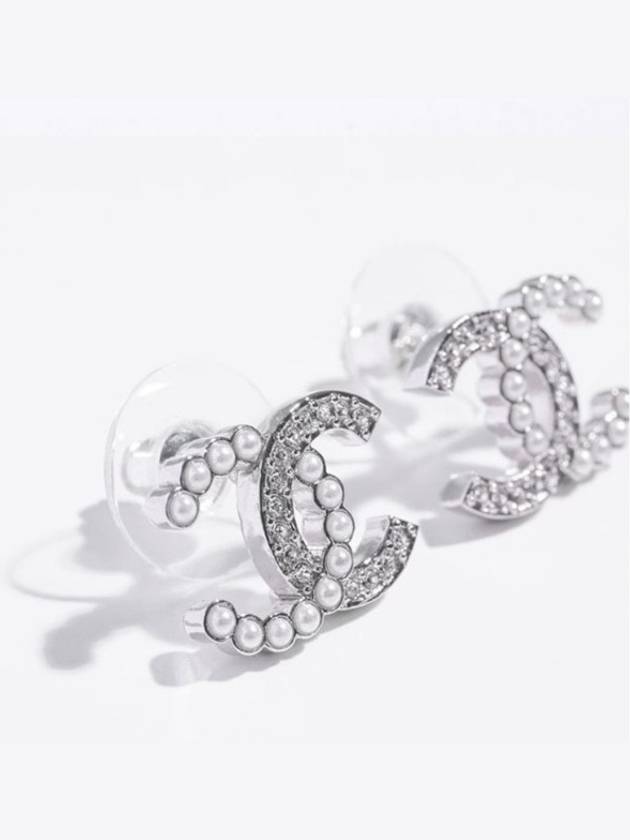 CC Logo Pearl Crystal Earrings Silver Chanel